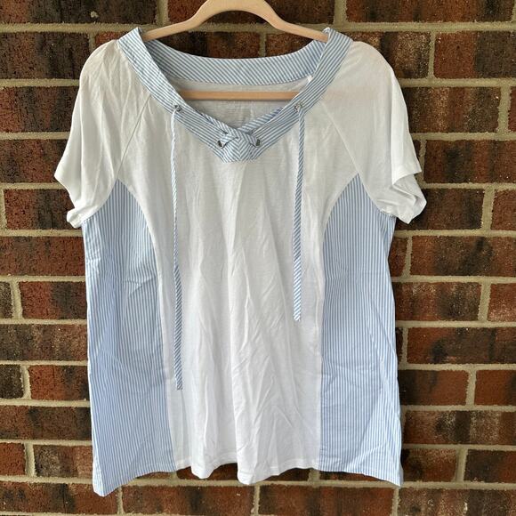 14/16 Plus Lane Bryant White & Blue Striped V-Neck Tee Coastal Chic Soft Stretch - Picture 1 of 4